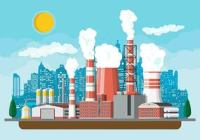 Factory building. Industrial factory, power plant. Pipes, buildings, warehouse, storage tank. Cityscape urban skyline with clouds, trees and sun. Vector illustration in flat style