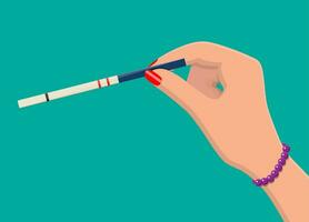 Pregnancy test strip in hand of woman. Pregnant positive result. Vector illustration in flat style