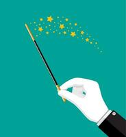 Illusionist magical stick with sparkle. Miracle wizard wand tool rod in hand. Circus, magical show, comedy. Vector illustration in flat style