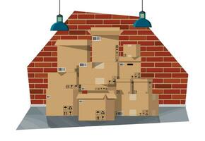 Warehouse interior with goods and container package boxes. Pile cardboard boxes set. Carton delivery packaging open and closed box with fragile signs. Vector illustration in flat style