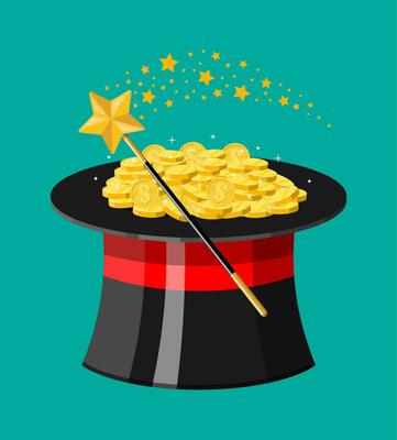 Magic hat, wand and gold coins. Illusionist cap full of money. Golden coin with dollar sign. Growth, income, savings, investment. Symbol of wealth. Business success. Flat style vector illustration.