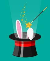 Magic hat with easter bunny ears and wizard wand. Illusionist hat with rabbit and stick. Circus, magical show, comedy. Vector illustration in flat style