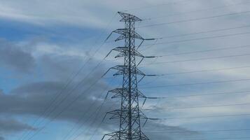 electricity transmission towers against a dramatic sky, symbolizing energy, connectivity, and technological progress photo