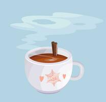 Cup of hot coffee with cinnamon in the cup. Warm drink in the menu. Morning drink. Flat vector illustration.