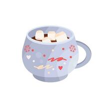 Hot coffee with marshmallows in the cup. Warm drink, sweet. Winter drink. Flat vector illustration.