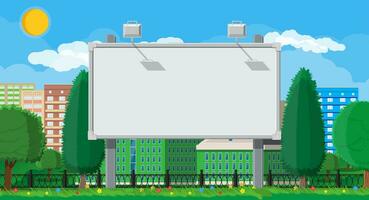 Empty urban big board or billboard with lamp. Blank mockup. Marketing and advertisement. Cityscape background with buildings, sky and clouds. Vector illustration in flat style