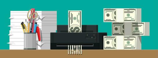 Dollar banknote in shredder machine. Destruction termination cutting money. Lose money or overspending. Vector illustration in flat style