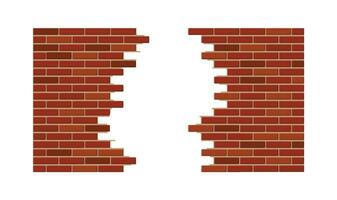 Vintage brick wall with hole. Broken construction and building element. Vector illustration in flat style