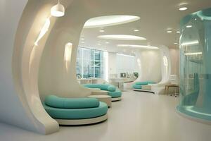 AI generated Modern dental office decoration sky color, Dental clinic chair in hospital bed, room, chair, window, Ai generated photo