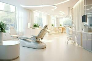 ai generado moderno dental oficina, dental clínica silla en hospital cama, habitación, silla, ventana, ai generado foto