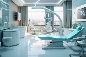 ai generado moderno dental oficina decoración cielo color, dental clínica silla en hospital cama, habitación, silla, ventana, ai generado foto