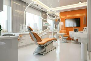 AI generated Modern dental office decoration pink color, Dental clinic chair in hospital bed, room, chair, window, Ai generated photo