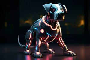 AI generated Dog robot future artificial metallic technology modern cyborg intelligence science robot glowing light Ai Generated photo