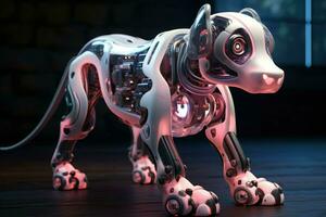 AI generated Dog robot future artificial metallic technology modern cyborg intelligence science robot glowing light Ai Generated photo
