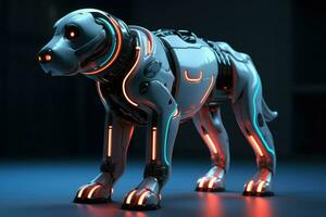 AI generated Dog robot future artificial metallic technology modern cyborg intelligence science robot glowing light Ai Generated photo