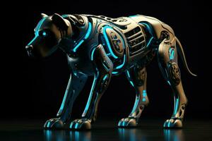 AI generated Dog robot future artificial metallic technology modern cyborg intelligence science robot glowing light Ai Generated photo