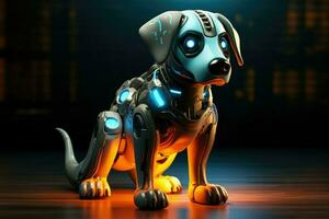 AI generated Dog robot future artificial metallic technology modern cyborg intelligence science robot glowing light Ai Generated photo