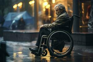 AI generated An old man is sitting in a wheelchair on a raining city ,Elderly man in a wheelchair on the background of the city, AI Generated photo