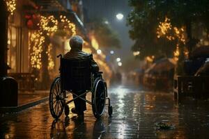 AI generated An old man is sitting in a wheelchair on a raining city ,Elderly man in a wheelchair on the background of the city, AI Generated photo