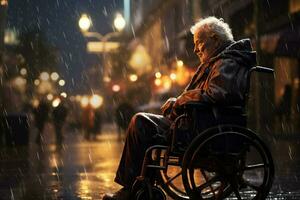 ai generado un antiguo hombre es sentado en un silla de ruedas en un lloviendo ciudad ,anciano hombre en un silla de ruedas en el antecedentes de el ciudad, ai generado foto