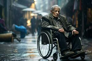 AI generated An old man is sitting in a wheelchair on a raining city ,Elderly man in a wheelchair on the background of the city, AI Generated photo