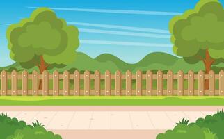 Spring or summer landscape. Garden backyard with wooden fence hedge, green trees and bushes, grass , park plants. Vector illustration in flat style