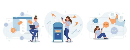 Email service web concept with people scenes set in flat style. Bundle of online communication programs, sending and receiving messages, promo newsletter. Vector illustration with character design