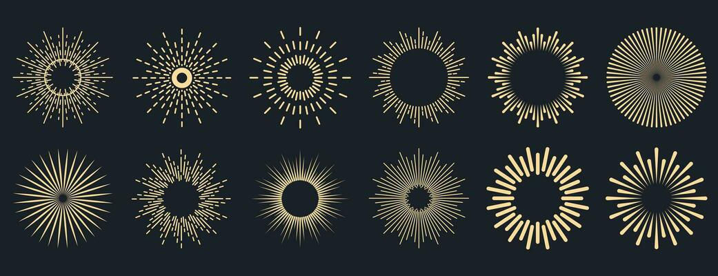 Sunburst collection. Radial sunset beams. Bursting golden sun rays. Fireworks. Logotype or lettering design element. Flat vector illustration.