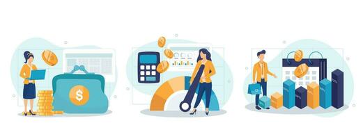 Cost optimization concept set. Idea of financial and marketing strategy. Cost and income balance. Spending and cost reduction, while maximizing business value. Isolated flat illustration vector