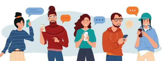 Young Fashionable People Looking on Smartphones and Chatting. Happy Boys and Girls talking and typing on Phone. Female and Male Characters collection. Flat Cartoon Vector Illustration.