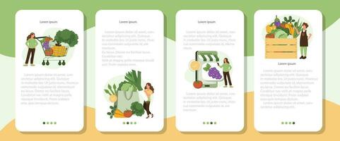 Online shopping for groceries mobile application banner set. Character buying online fresh organic vegetables, putting in shopping basket and veggie box delivery. Local production support concept. vector