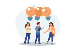 Businessmen people office workers team up share lightbulb lamp idea. Sharing business ideas, collaboration meeting, sharing knowledge, teamwork or people thinking the same idea, smart thinking. vector