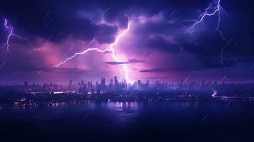 AI generated Lightning Storm with Thunder over A City. Extreme Weather Concept photo