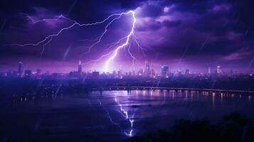 ai generado relámpago tormenta con trueno terminado un ciudad. extremo clima concepto foto