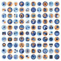 Business and marketing, programming, data management, internet connection, social network, computing, information. Blue and orange icons set. Flat vector illustration