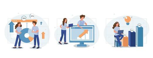 Data analysis web concept with people scenes set in flat style. Bundle of searching statistics at charts or graphs, making financial reports, research market. Vector illustration with character design