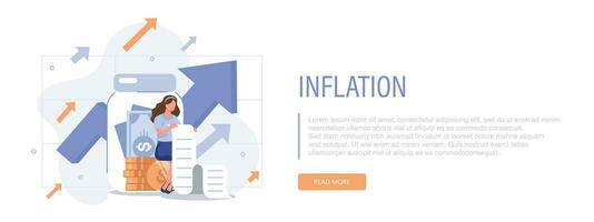 Inflation illustration banner. Characters buying food in supermarket and worries about groceries rising price. Consumer price index growth and financial crisis concept. Vector illustration.