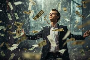 AI generated Man standing under money rain. A lot of money bank notes falling on man Ai generated photo