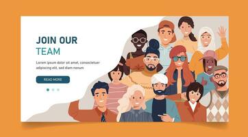 Join our team. Teamwork, cooperation, friendship concept. Multicultural team. Unity in diversity. People of different nationalities and religions cartoon characters. vector