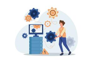 Developer working with cloud data. Computing applications, developing cloud system, cloud resources solving business problems concept. Flat vector modern illustration