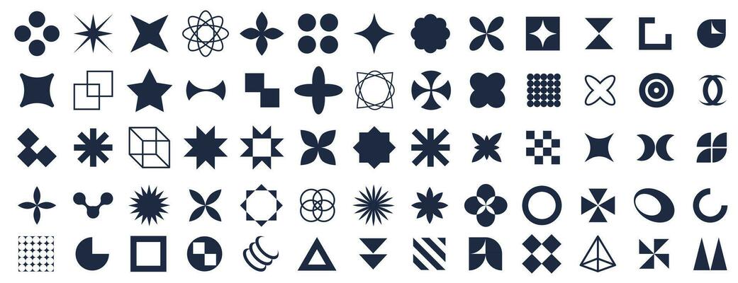 Set of abstract retro geometric shapes. Geometric shapes and elements. Collection of contemporary figure, flower, Bauhaus elements, Brutalist design, Y2k element icons and signs.