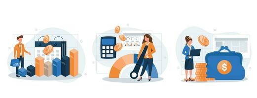 Cost optimization concept set. Idea of financial and marketing strategy. Cost and income balance. Spending and cost reduction, while maximizing business value. Isolated flat illustration vector