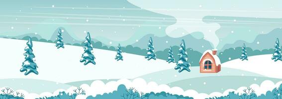 Winter in village holiday template. Winter landscape with cute house and trees, merry Christmas greeting card template. Vector illustration in flat style