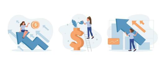 Finance growth illustration set. Characters analyzing investments, celebrating financial success and money growth. Money increasing concept. Vector illustration.