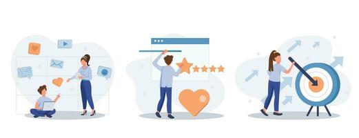 Customer feedback and user experience illustration set. Characters giving review to customer service operator, choosing emoji to show satisfaction rating and filling survey form. Vector illustration.