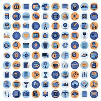 Business and marketing, programming, data management, internet connection, social network, computing, information. Blue and orange icons set. Flat vector illustration