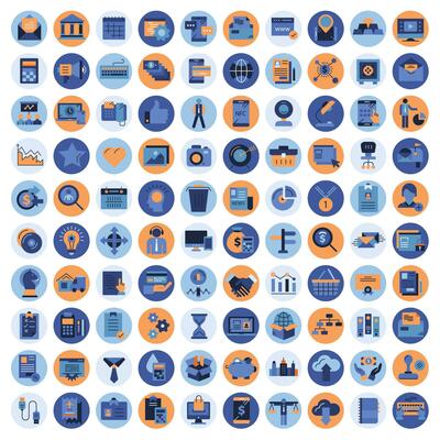 Business and marketing, programming, data management, internet connection, social network, computing, information. Blue and orange icons set. Flat vector illustration