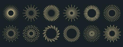 Sunburst collection. Radial sunset beams. Bursting golden sun rays. Fireworks. Logotype or lettering design element. Flat vector illustration.