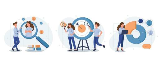 Focus group web concept with people scenes set in flat style. Bundle of market research of audience, aim at group, analyzing data and customer behavior. Vector illustration with character design