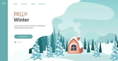 Winter in village holiday template. Winter landscape with cute house and trees, merry Christmas greeting card template. Vector illustration in flat style